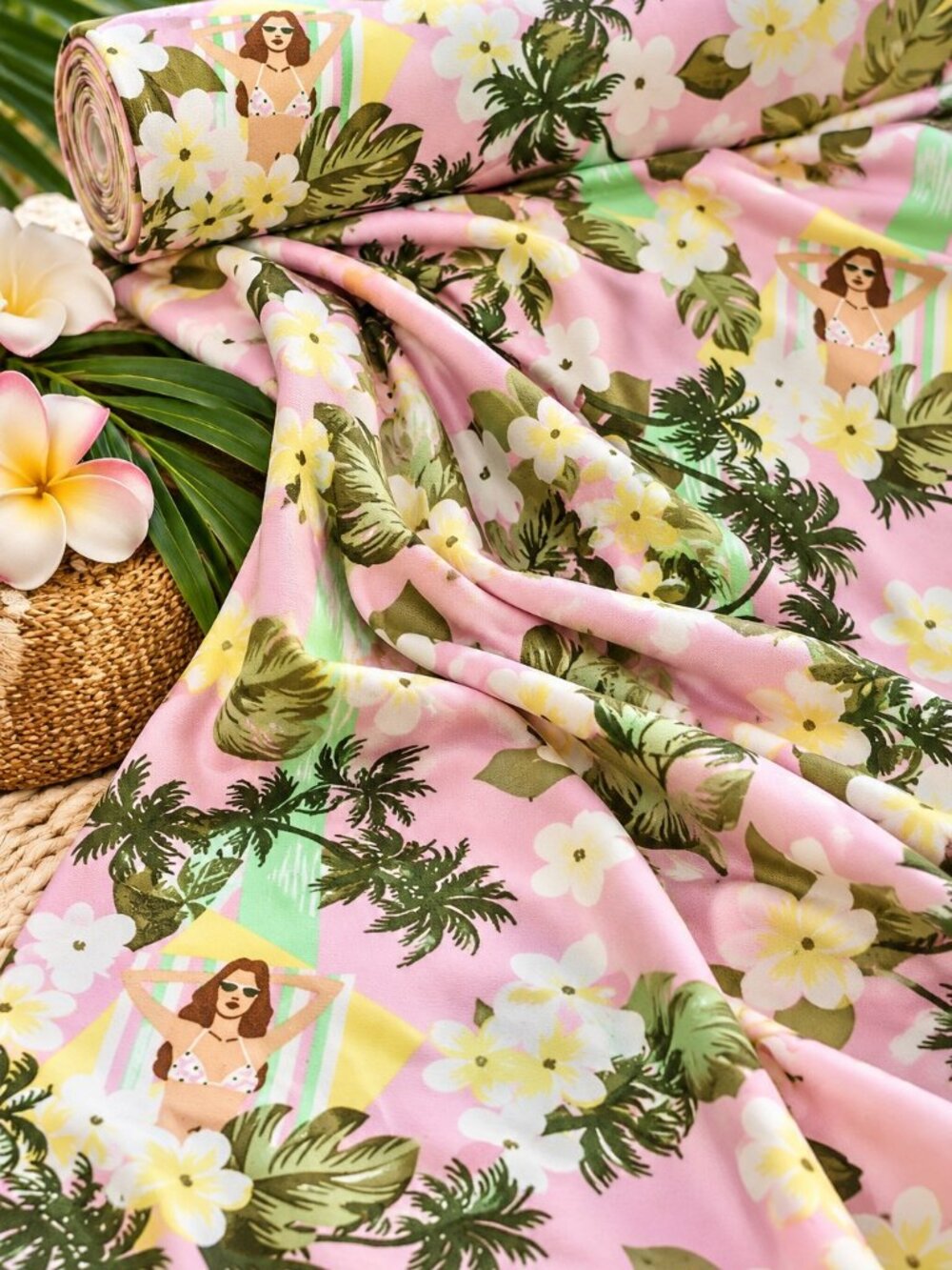Vintage Hawaiian Tropical Floral Pink 4 Way Stretch Fabric 4 Yards 65" Wide